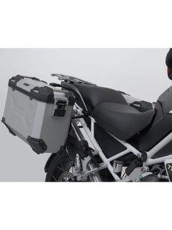 Zestaw: kufry boczne 45/37L + kufer centralny 38L TRAX ADV+ stelaże SW-MOTECH do motocykla Tiger 1200 Rally /GT Explorer (22-) srebrne